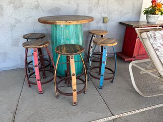 Rustic Barrel Bar Table and Stools Set