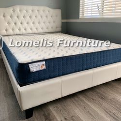 Cal King White Crystal Button Tufted Bed w. Orthopedic Mattress Included 