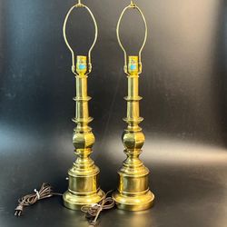 2 Vtg Stiffel Brass Table Lamp MCM Heavy Hollywood Regency Trophy 27” Pair Set