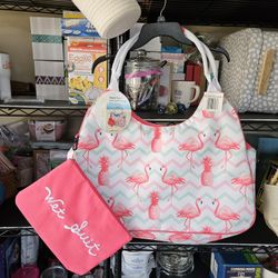 New Lg Size Lined Beach Tote W Flamingos 