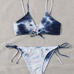 Tie Dye Textured Drawstring Tie Side Bikini Swimsuit LARGE