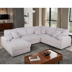Brand New BEIGE LHF Fabric U-Shaped Pull Out Sectional Sofa w/ Storage Chaise + Pillows Corduroy Ivory White