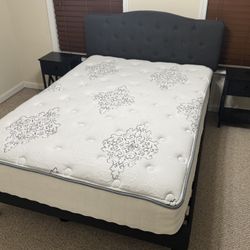 Full size bed, mattress, and two nightstands 