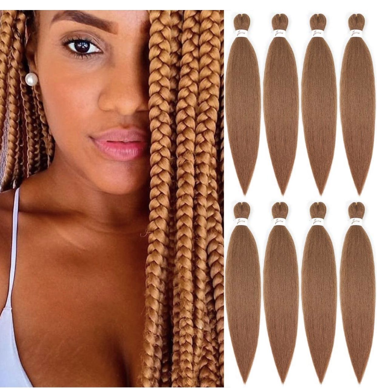 Pre-Stretched Braiding Hair 8 Bundles 24 Inch Auburn Brown- Synthetic Crochet Braids Natural and Soft Box Braids Hot Water Setting Professional Yaki S