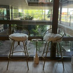 2 Gold And White Fluffy Bar Stools 