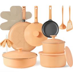 CAROTE 24pcs Nonstick Orange Cookware Set with Removable Handles, Dishwasher Oven Fridge Safe, Stackable