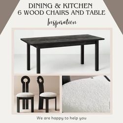 Wood Dining Table + 6 Solid Oak Wood Chairs