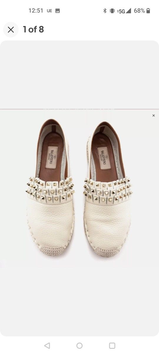 Valentino Cream Leather Fringe Rockstud Espadrilles Flats Size 39