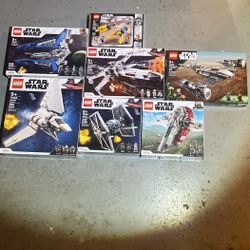 7 Lego sets, Mandalorians N-1 starfighter, Imperial Shuttle, Boba Gets Starship, Imperial TIE Fighter ,Mandalorian Starfighter, Anakins Podracer 20th 