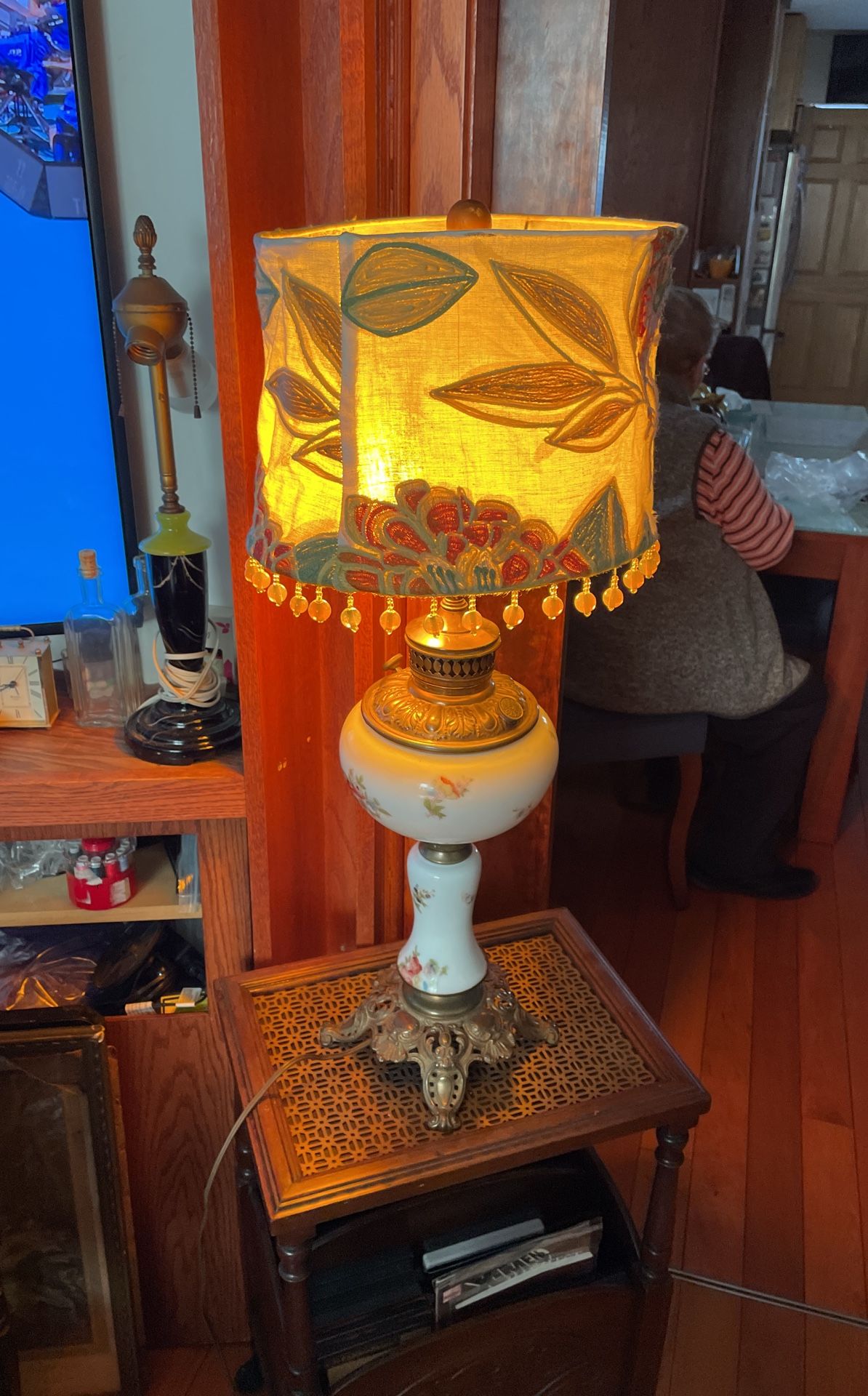 Vintage Lamp Porcelain / Brass And Canvas Shade Vintage