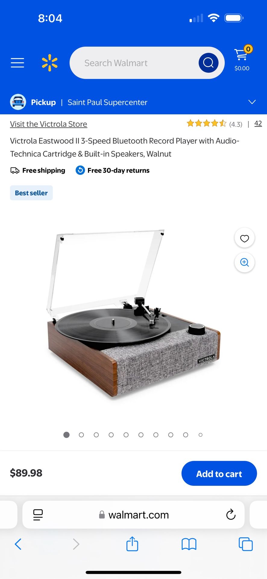 Victrola Eastwood II 3-Speed Bluetooth Record Player with Audio-Technica Cartridge & Built-in Speakers, Walnut