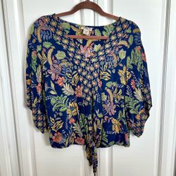 💙 Pretty rayon blue floral and leaf print blouse shirt with tie front