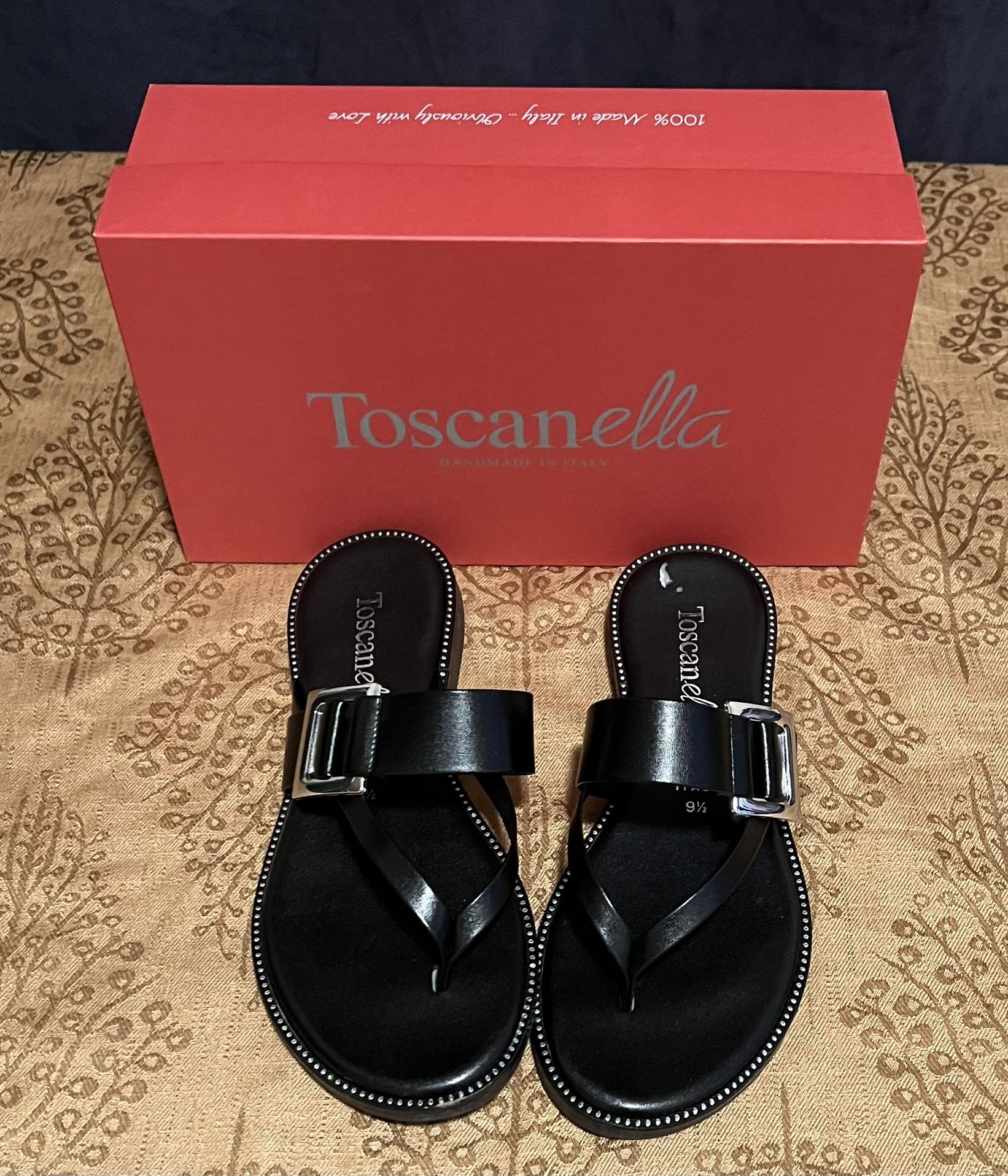 Toscanella Black Thong Italian Sandals Silver Stylish Buckle Fits 8.5