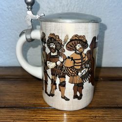 Vintage German Munchen Knights Porcelain Beer Stein with Pewter Lid, 6 1/2" Tall