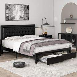 Full Size Bed Frame with Storage Drawers, PU Leather Upholstered Platform Bed with Adjustable Button Headboard, Black