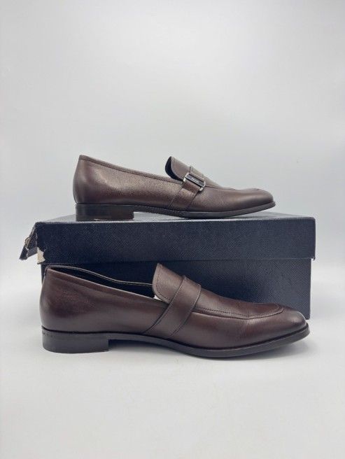 Prada Brown Leather Slip On Loafers With Box