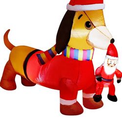 5 FT Christmas Inflatable Dachshund Dog Picking Santa Claus, Blow up Wiener Puppy with LED Lights

