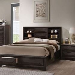 Brand New Warm Espresso Storage Bed with Bookcase Headboard