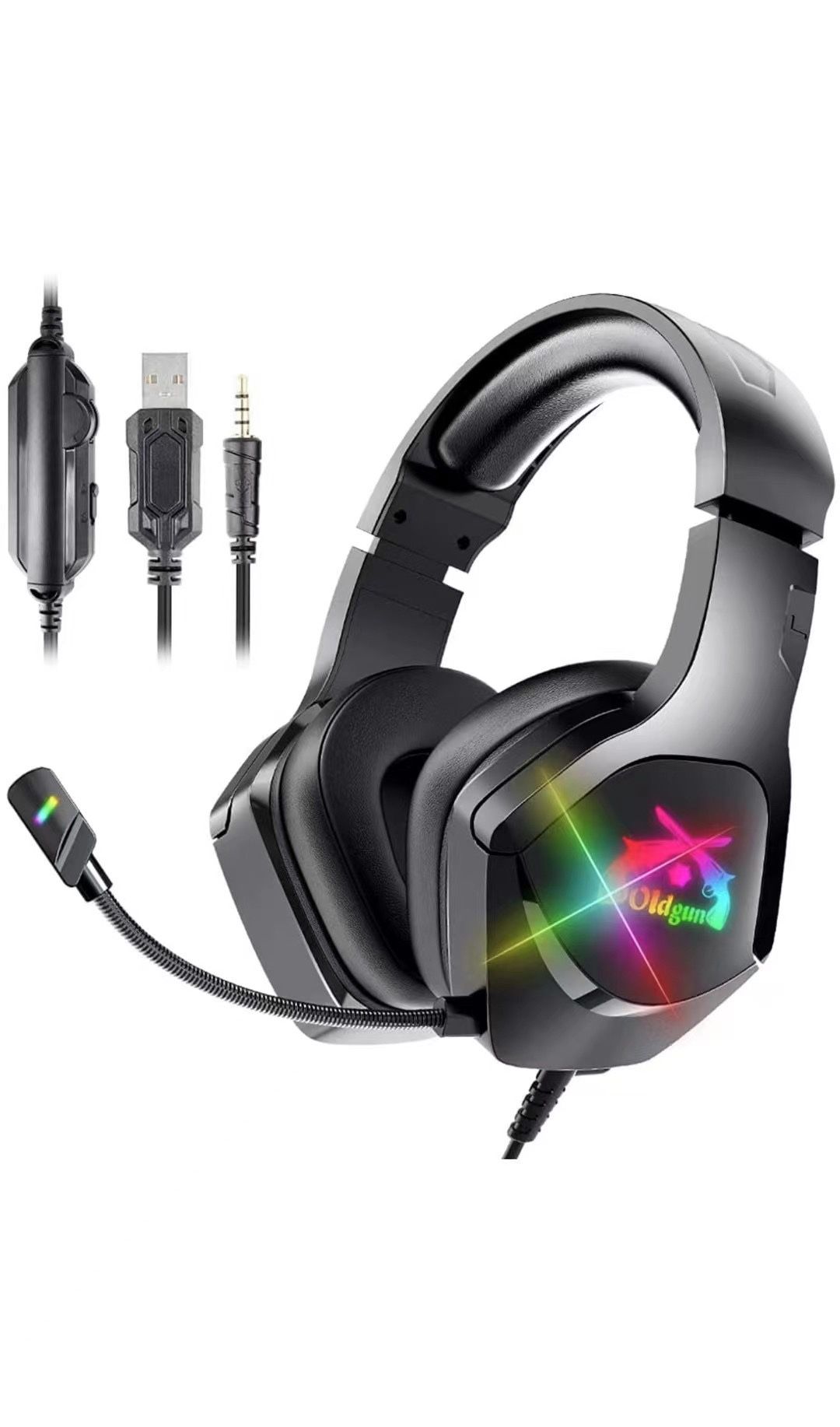 Stereo Gaming Headset for Xbox One/PC/PS4/PS5 Controller, Over Ear Headphones with RGB Light Noice Cancelling Microphone and Soft Earmuffs