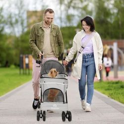 4 Wheel Pet Dog Stroller Foldable Carrier Strolling Cart for Small Medium Dog Cat,Gray