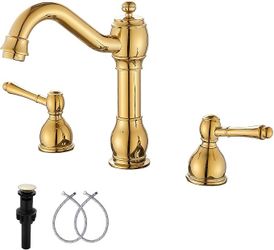 Brushed Gold Bathroom Faucet 2 Handles 3 Holes Widespread Bathroom Sink Facuet Washingroom Faucet Mixer Tap wiith Pop Up Drain