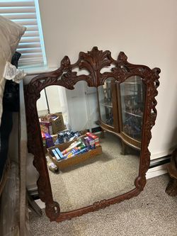 Ornate Vintage Carved Wood Wall Mirror – Approx. 39” x 27