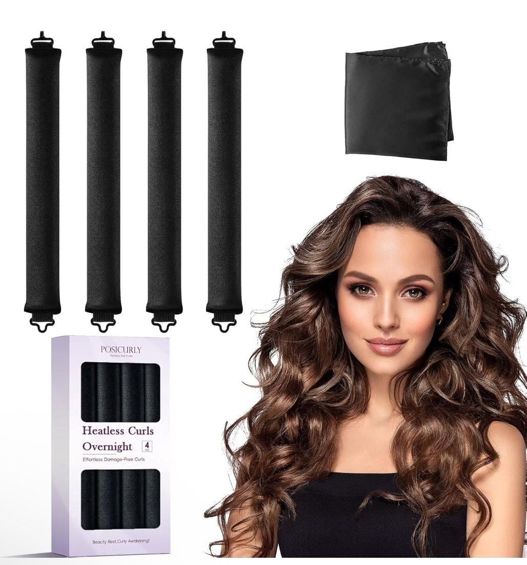 Heatless Curls Overnight Hair Curlers - 4 Pcs No-Heat Curling Rod to Sleep In,Velvet Hair Rollers with Satin Wrap 300+ bought in past month