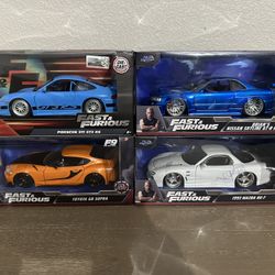 Jada Die Cast Fast And Furious 1/24 Scale Nissan Skyline Mazda Porsche Toyota Supra 