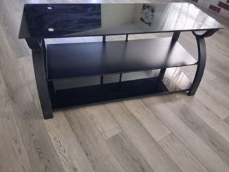 Black Glass & Metal TV Stand, Contemporary, 2 Shelves, Open Storage