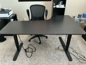 Office desk electric adjustable table, office chair, one small cabinet, one tall cabinet