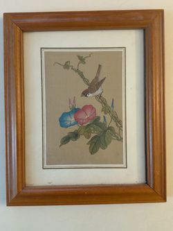 Framed Bird & Morning Glory Botanical Art – Wood Frame