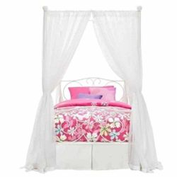 3172: Metal Canopy Kids Platform Bed with Four Poster Design, Scrollwork Headboard and Footboard, Underbed Storage Space, No Box Sring Needed, Twin