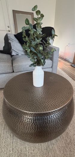 Round Silver Hammered Metal Storage Coffee Table | 29” diameter × 16” high * Hand-hammered steel * Antiqued nickel/silv
