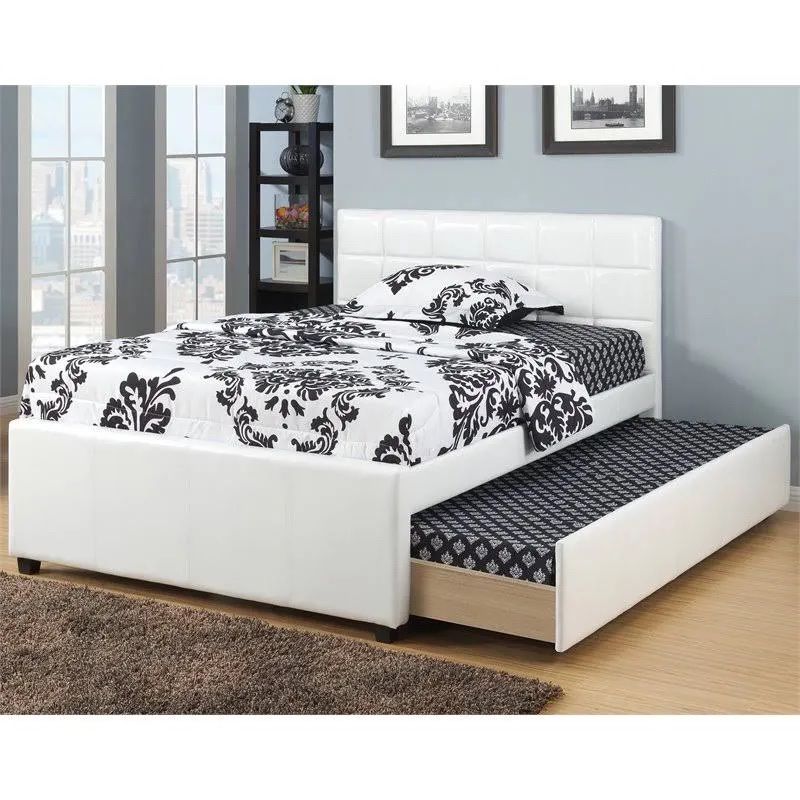 New Modern White Full Bed With Twin Trundle With 2 Mattresses
