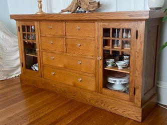 Antique Oak Arts and Crafts Mission Sideboard Server Buffet Cabinet, 78.25”x18.25x40”