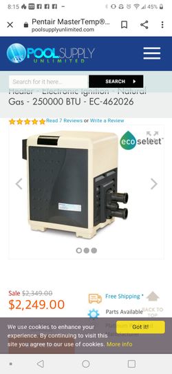 MASTERTEMP POOL HEATER 250K BTU NEW IN THE BOX. part. # 460732. Price includes installation. $3300.00   Plus $400.00 Rebate. 2 Years Warranty.