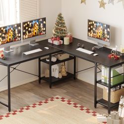 Bestier 95.2” L Shaped Desk, Reversible Corner Computer Desk or 2 Person Long Table with Adjustable Shelves, Large Writing Study Workstation with 3 Ca