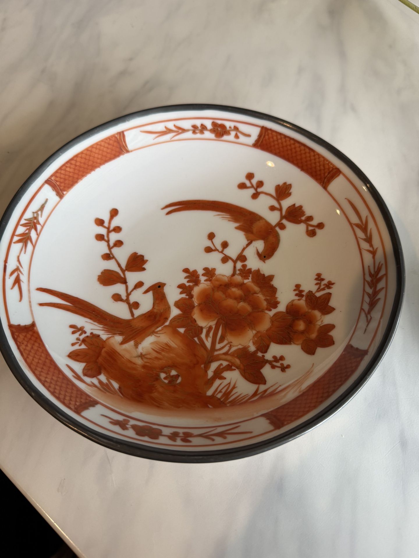 Vintage Japanese Porcelain Bowl With Pewter Rim And Exterior