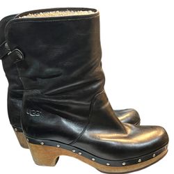 UGG Lynnea Black Leather Shearling Clog Ankle Boots Womens US 6 EU 37