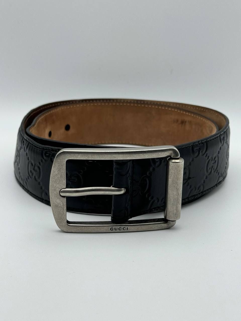 Gucci Brown Guccissima Black Leather Belt Mens Silver Tone Buckle EU size 40