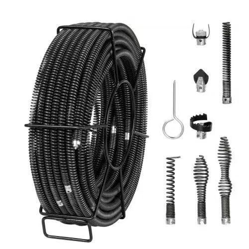 Drain Cleaning Cable 100 FT x 5/8 Inch, Professional Sectional Drain Cleaner Cable with 7 Cutters for 0.8" to 3.9" Pipes, Hollow Core Sewer Drain Auge