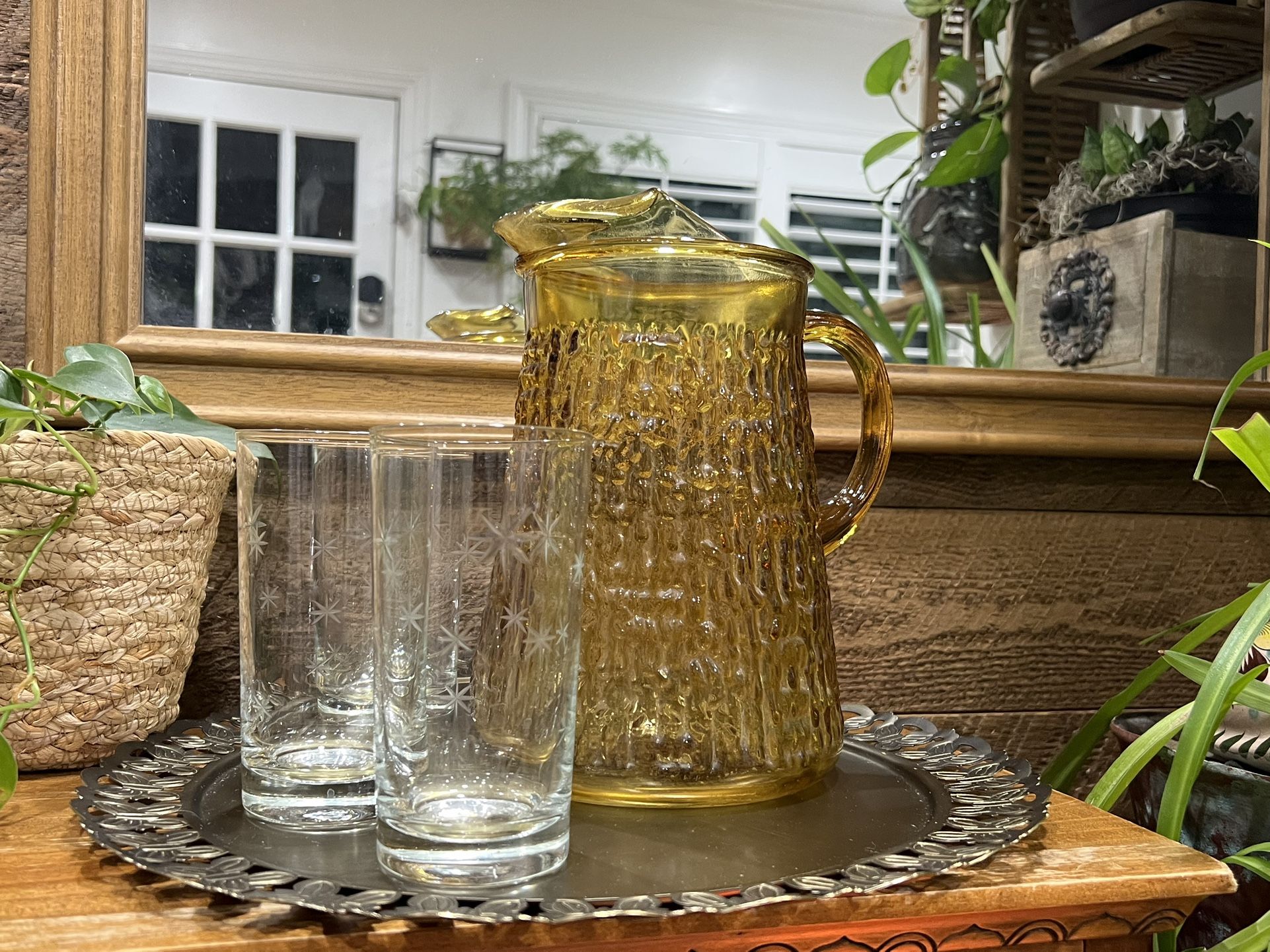 Vintage Harvest Gold Amber Bronze Textured Glass Jug Pitcher MCM Retro Barware Decor