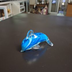 Hand Blown Art Glass Dolphin Paperweight Figurine Blue & White Swirl 4"