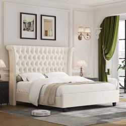 Full Size Bed Frame, Modern Velvet Tufted Upholstered Platform Bed with Rivet Rolled Edge High Wingback Headboard, White  The platform bed 