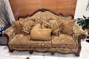 Victorian Style Carved Wood Sofa with Damask Upholstery