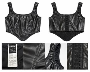 SHEIN Black Faux Leather Corset Bustier Top Size L Gothic Y2K Structured Crop
