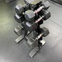 [Pickup pending] 5 Lb, 10 Lb, & 20 Lb Dumbbell Sets With A-frame Dumbbell Rack - Rubber Hex By CAP Barbell