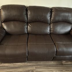 Brown leather couch recliner set