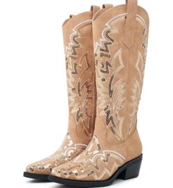 Tan Suede Cowboy Boots with Sequin Embroidery