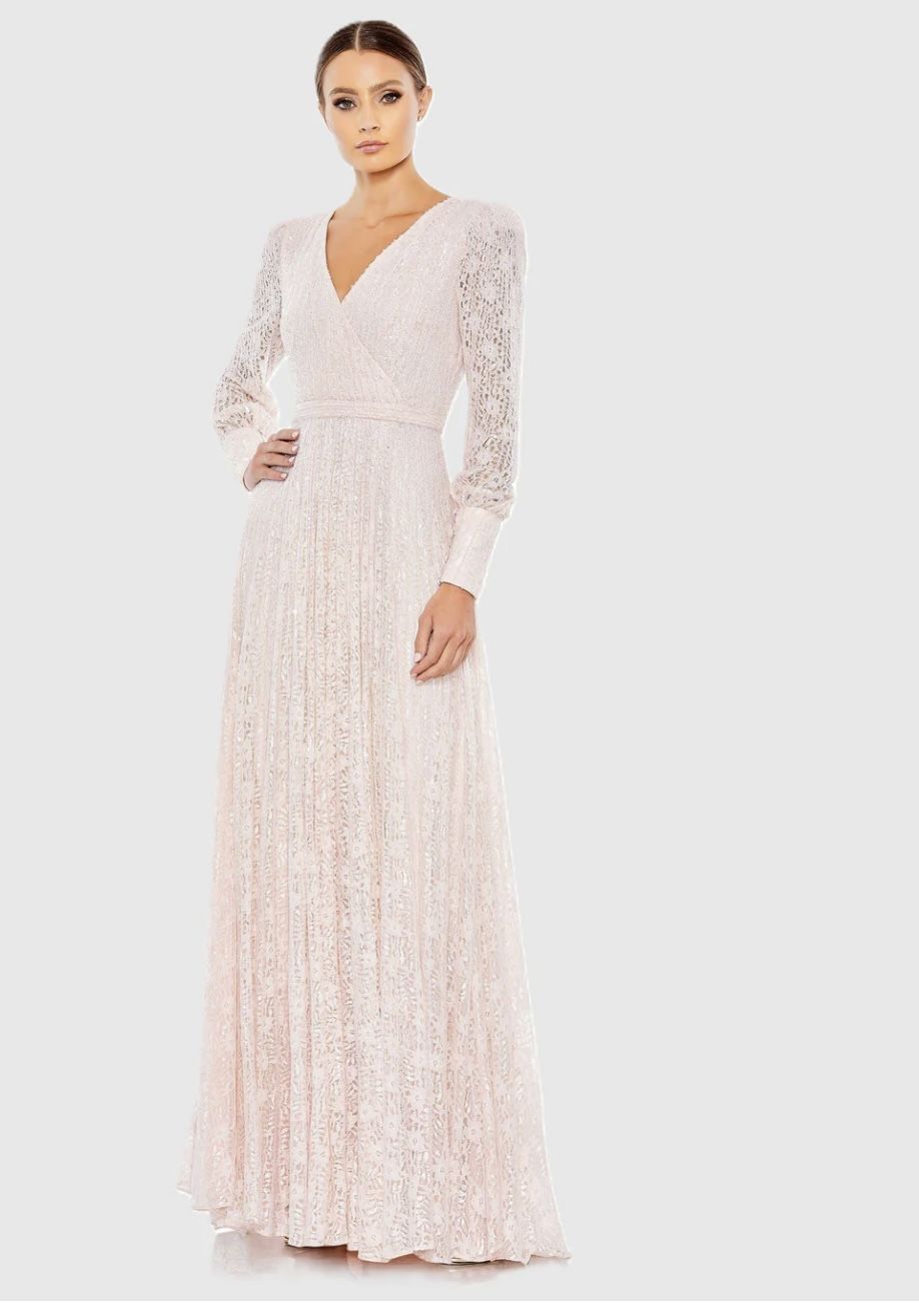 Mac Duggal Pink Beaded Lace Long Sleeve Wrap Over Gown